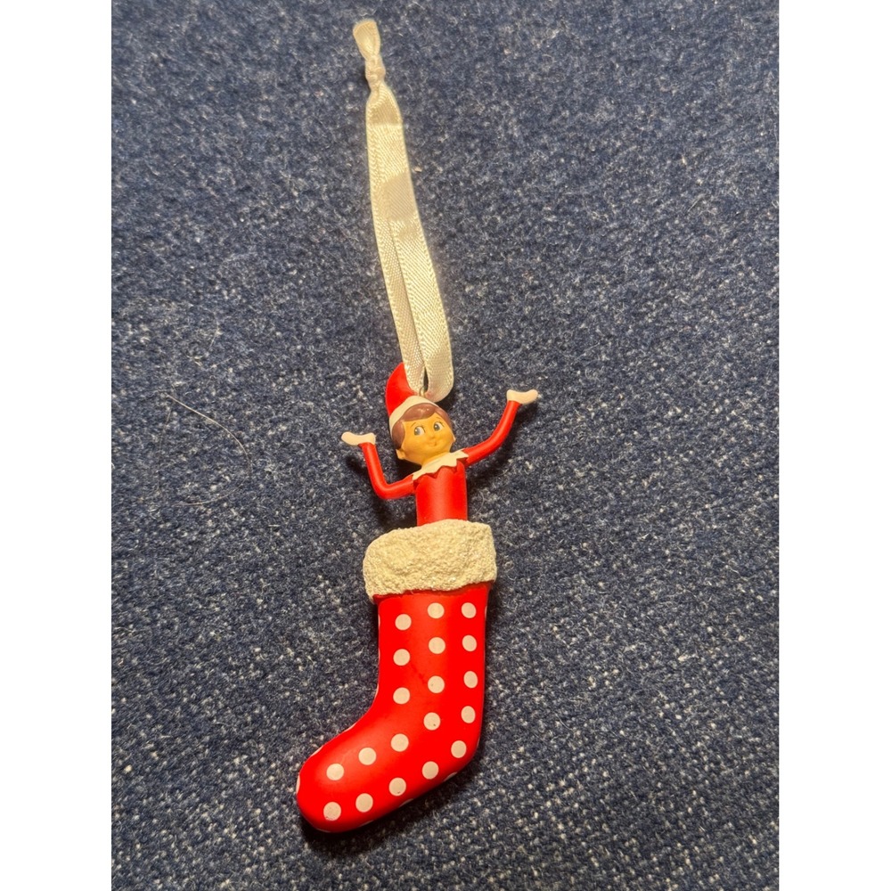 Elf on the Shelf Christmas Ornament Red Polka Dot Stocking Resin Holiday Decor